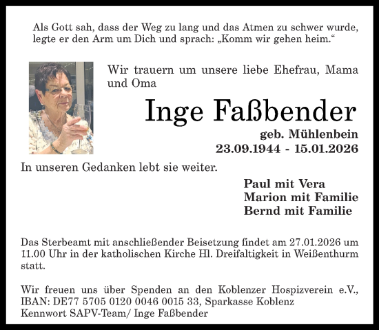 Traueranzeige von Inge Faßbender von Rhein-Zeitung