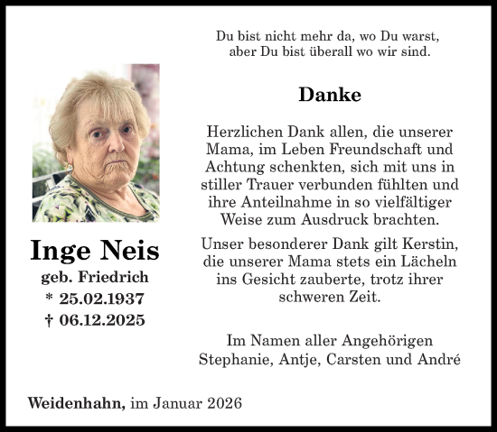 Traueranzeige von Inge Neis von Westerwälder Zeitung