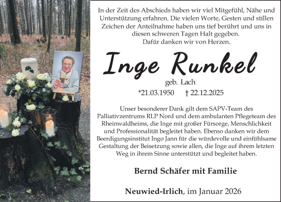 Traueranzeige von Inge Runkel von Rhein-Zeitung