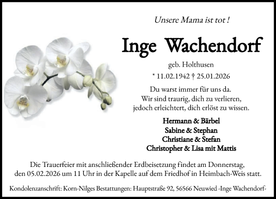 Traueranzeige von Inge Wachendorf von Rhein-Zeitung