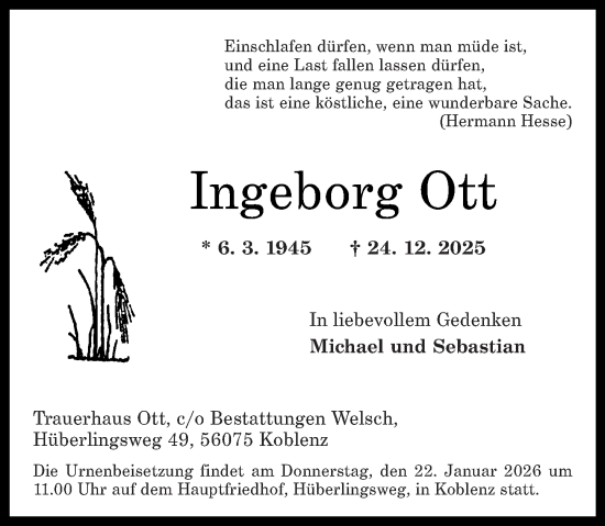 Traueranzeige von Ingeborg Ott von Rhein-Zeitung