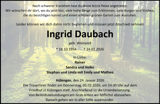 Traueranzeige von Ingrid Daubach von Westerwälder Zeitung