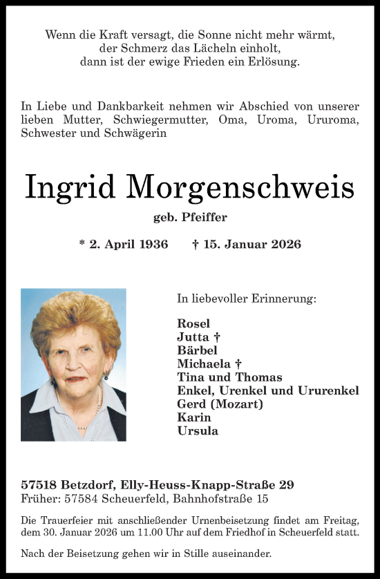 Traueranzeige von Ingrid Morgenschweis von Rhein-Zeitung