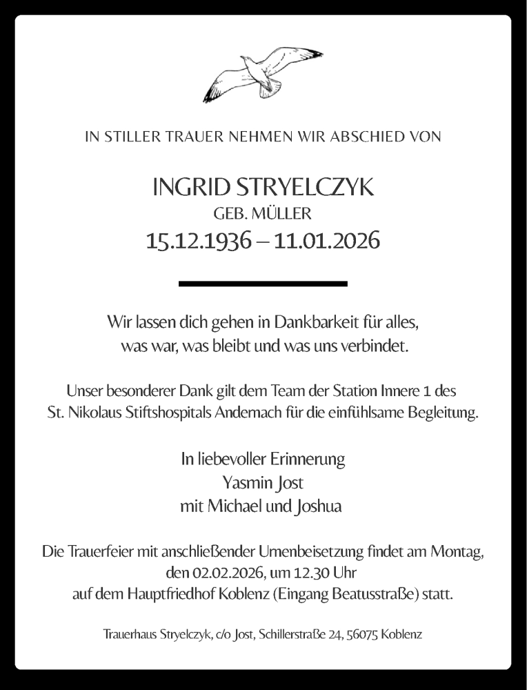  Traueranzeige für Ingrid Stryelczyk vom 17.01.2026 aus Rhein-Zeitung