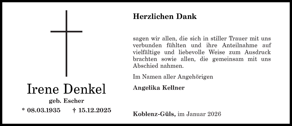  Traueranzeige für Irene Denkel vom 31.01.2026 aus Rhein-Zeitung