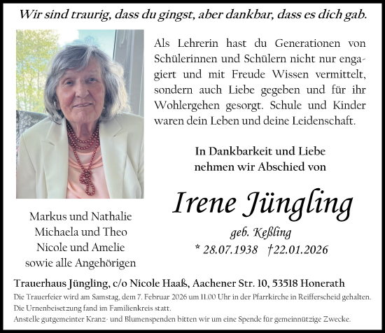 Traueranzeige von Irene Jüngling von Rhein-Zeitung