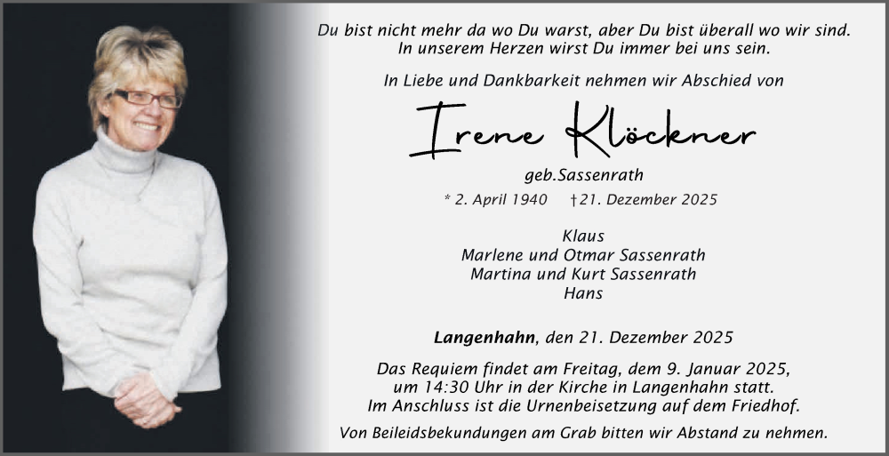  Traueranzeige für Irene Klöckner vom 03.01.2026 aus Westerwälder Zeitung
