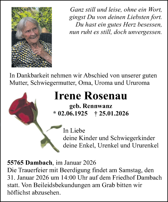 Traueranzeige von Irene Rosenau von Nahe-Zeitung