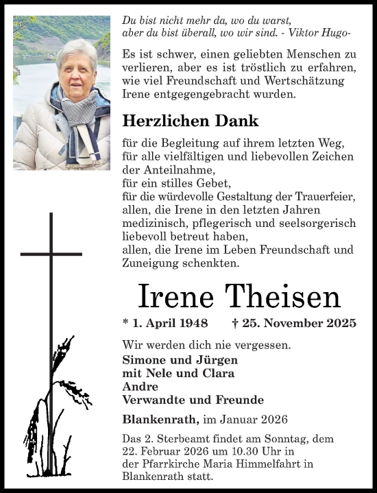 Traueranzeige von Irene Theisen von Rhein-Zeitung, Rhein-Hunsrück-Zeitung
