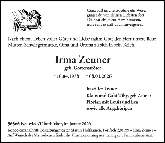 Traueranzeige von Irma Zeuner von Rhein-Zeitung