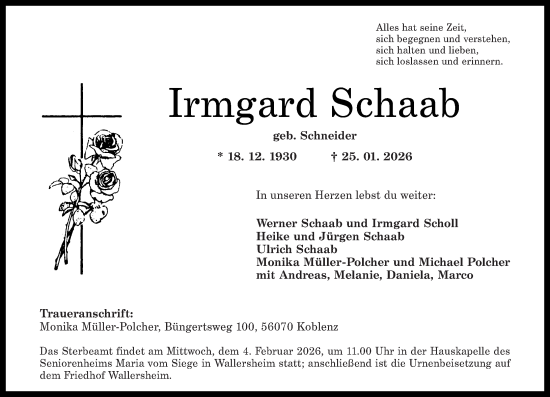 Traueranzeige von Irmgard Schaab von Rhein-Zeitung