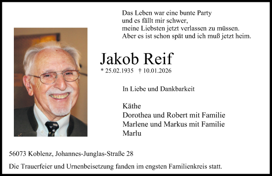 Traueranzeige von Jakob Reif von Rhein-Zeitung