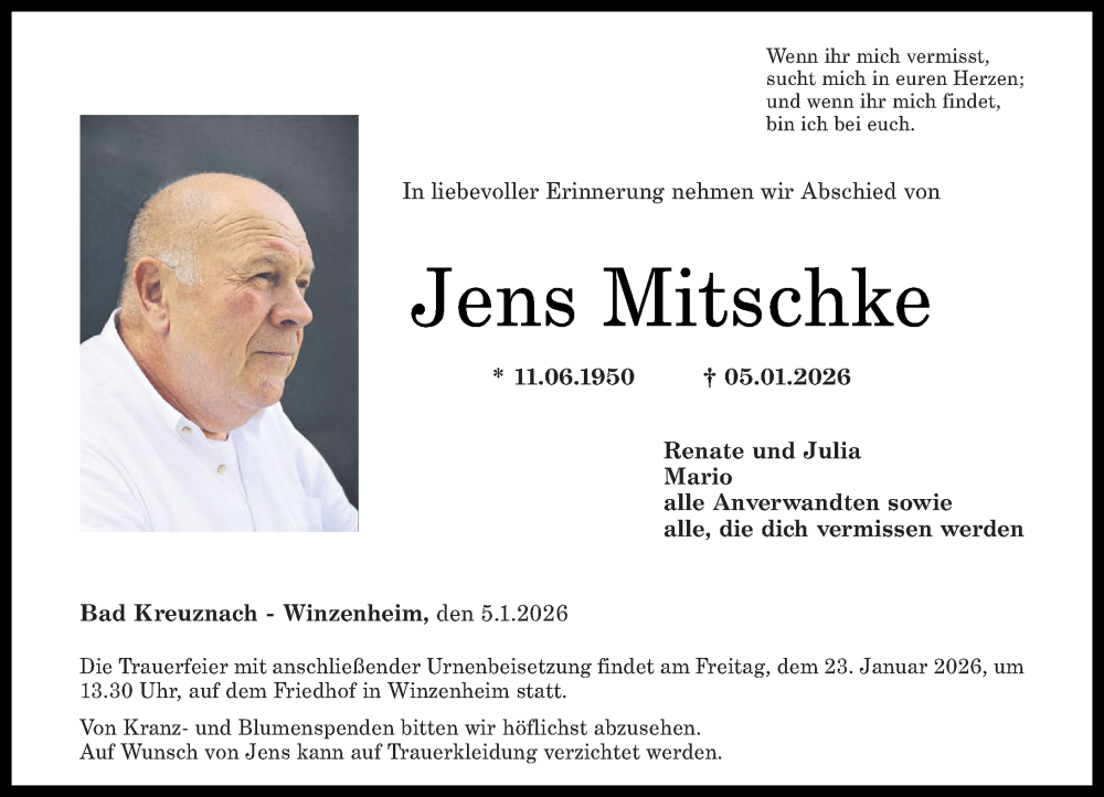  Traueranzeige für Jens Mitschke vom 17.01.2026 aus Oeffentlicher Anzeiger