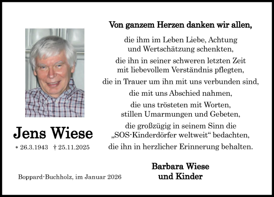 Traueranzeige von Jens Wiese von Rhein-Zeitung