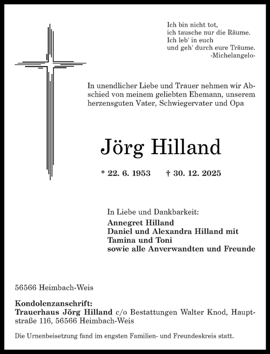 Traueranzeige von Jörg Hilland von Rhein-Zeitung