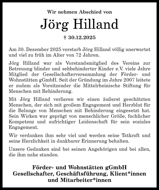 Traueranzeige von Jörg Hilland von Rhein-Zeitung
