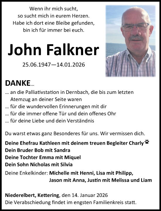 Traueranzeige von John Falkner von Westerwälder Zeitung