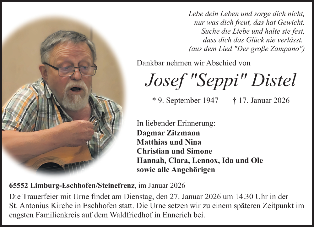  Traueranzeige für Josef Distel vom 24.01.2026 aus Westerwälder Zeitung