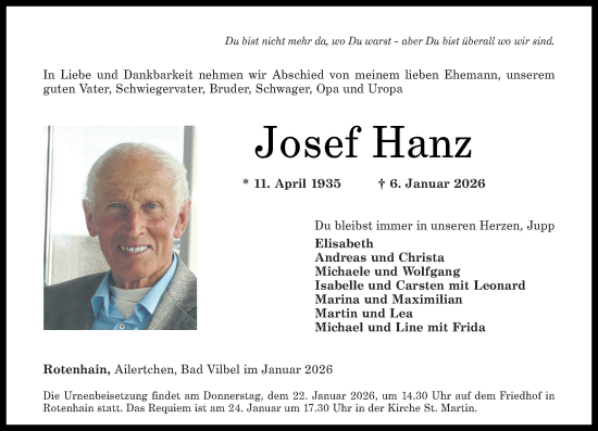 Traueranzeige von Josef Hanz von Westerwälder Zeitung