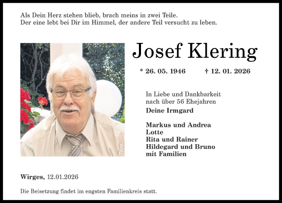 Traueranzeige von Josef Klering von Westerwälder Zeitung