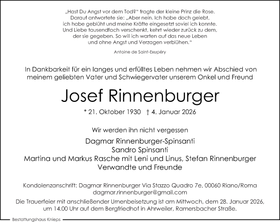 Traueranzeige von Josef Rinnenburger von Rhein-Zeitung