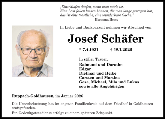 Traueranzeige von Josef Schäfer von Westerwälder Zeitung