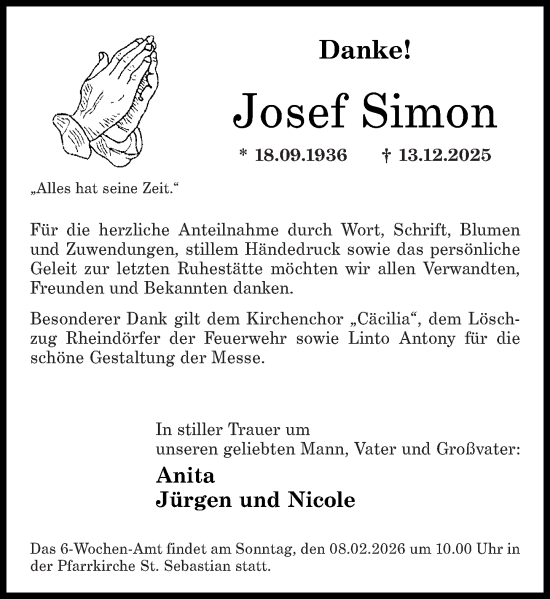 Traueranzeige von Josef Simon von Rhein-Zeitung