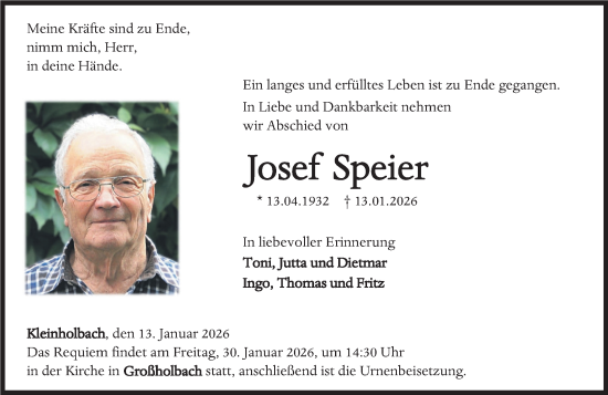 Traueranzeige von Josef Speier von Westerwälder Zeitung