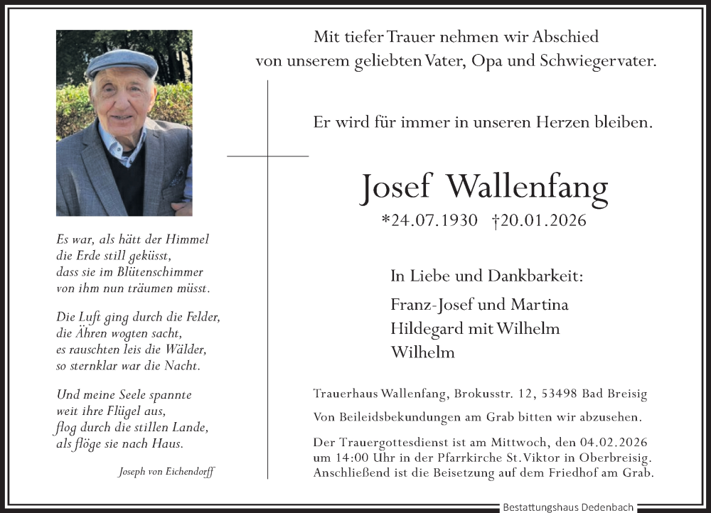  Traueranzeige für Josef Wallenfang vom 31.01.2026 aus Rhein-Zeitung