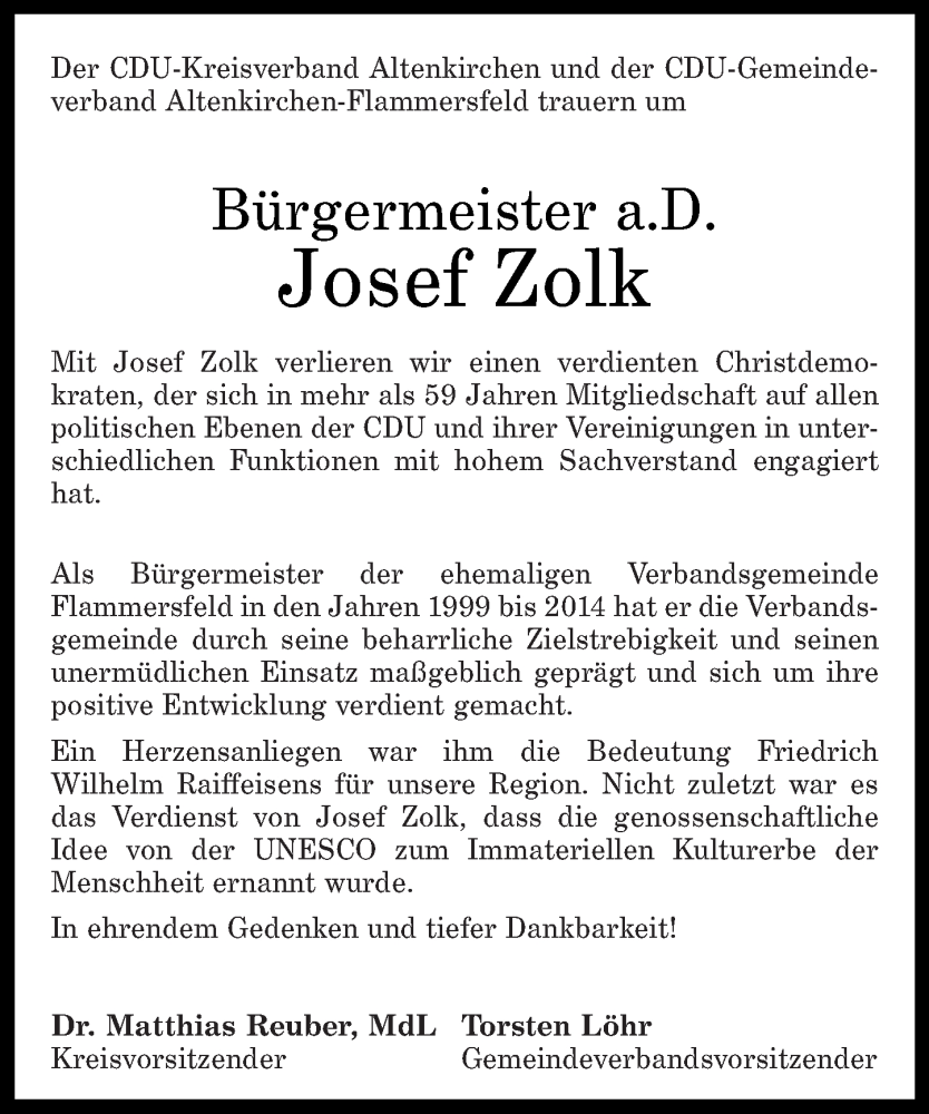  Traueranzeige für Josef Zolk vom 27.01.2026 aus Rhein-Zeitung