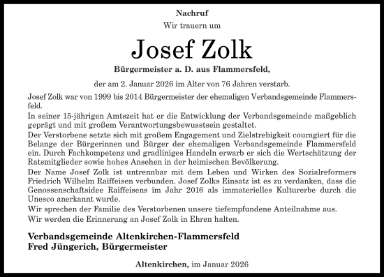 Traueranzeige von Josef Zolk von Rhein-Zeitung