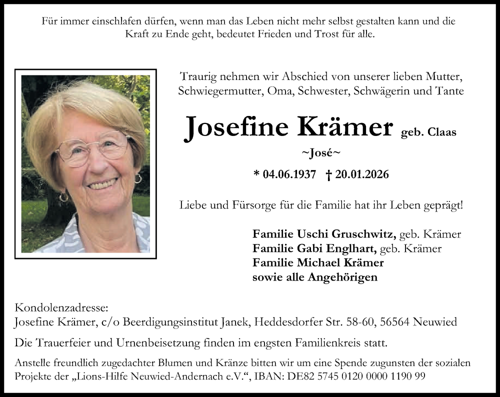  Traueranzeige für Josefine Krämer vom 31.01.2026 aus Rhein-Zeitung
