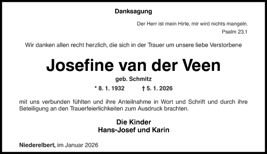Traueranzeige von Josefine van der Veen von Westerwälder Zeitung