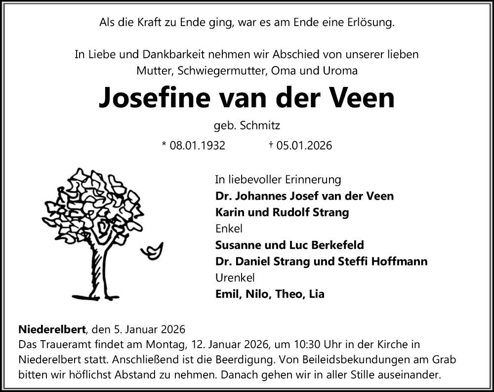  Traueranzeige für Josefine van der Veen vom 07.01.2026 aus Westerwälder Zeitung