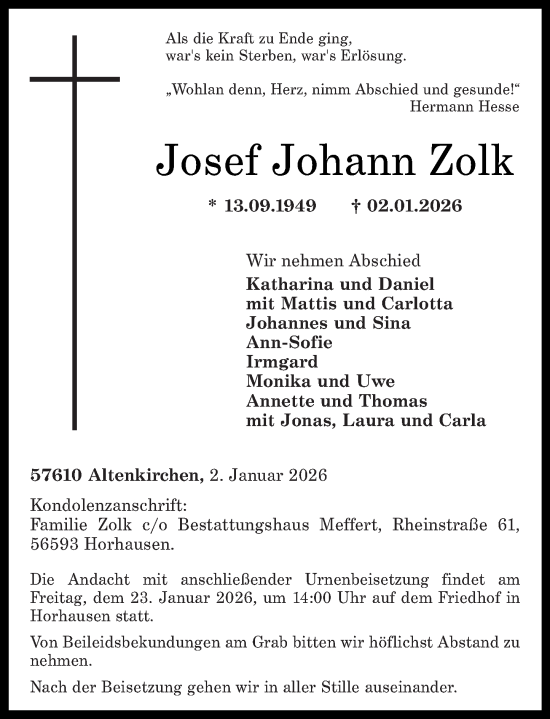 Traueranzeige von Josef Johann Zolk von Rhein-Zeitung