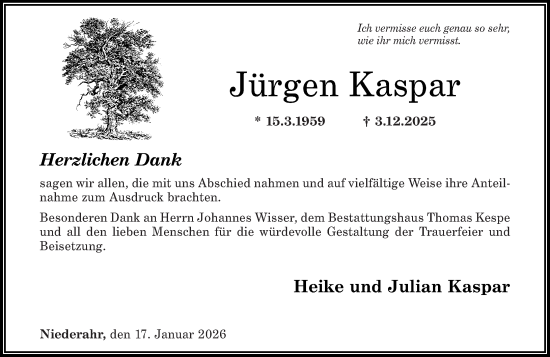 Traueranzeige von Jürgen Kaspar von Westerwälder Zeitung