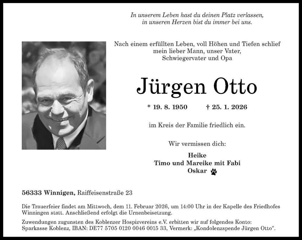  Traueranzeige für Jürgen Otto vom 31.01.2026 aus Rhein-Zeitung, Rhein-Hunsrück-Zeitung