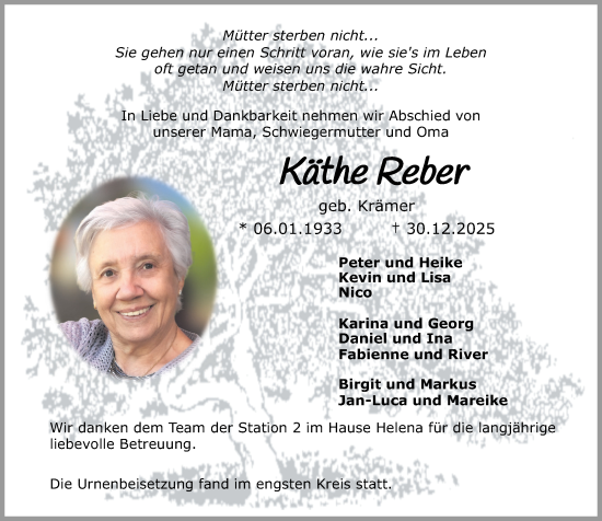 Traueranzeige von Käthe Reber von Westerwälder Zeitung