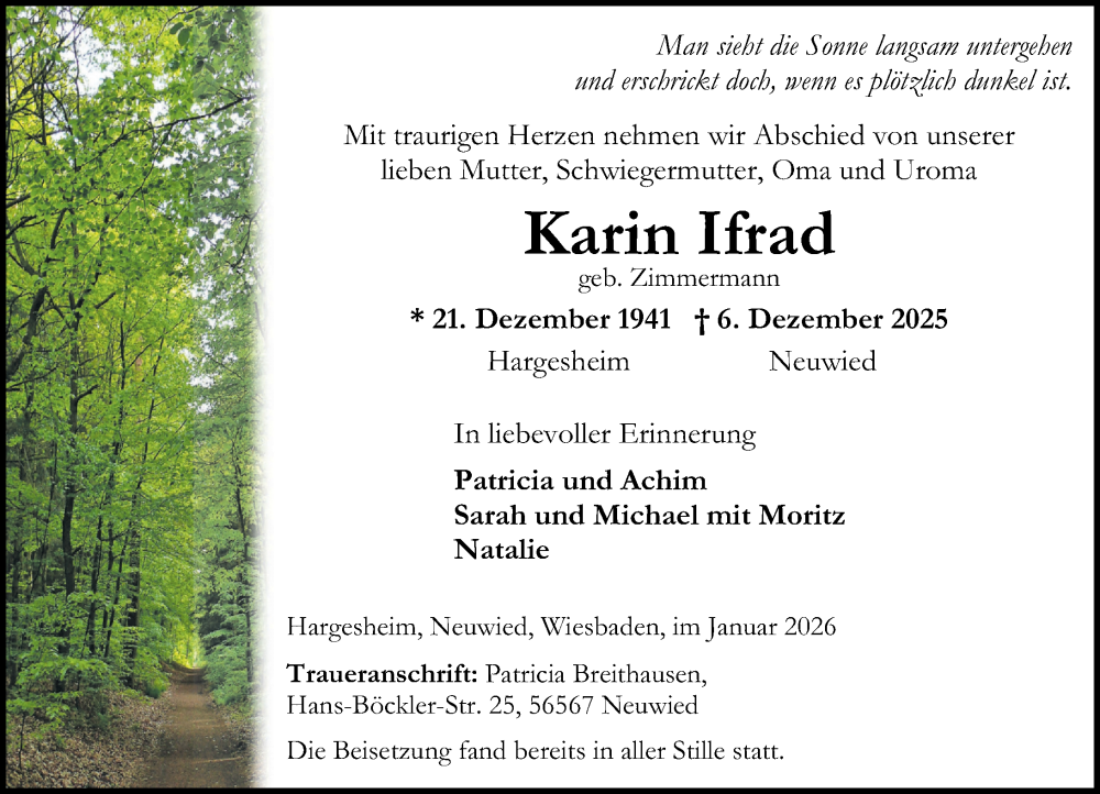  Traueranzeige für Karin Ifrad vom 03.01.2026 aus Oeffentlicher Anzeiger
