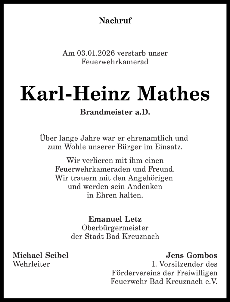  Traueranzeige für Karl-Heinz Mathes vom 17.01.2026 aus Oeffentlicher Anzeiger
