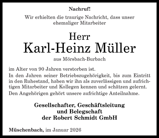 Traueranzeige von Karl-Heinz Müller von Westerwälder Zeitung