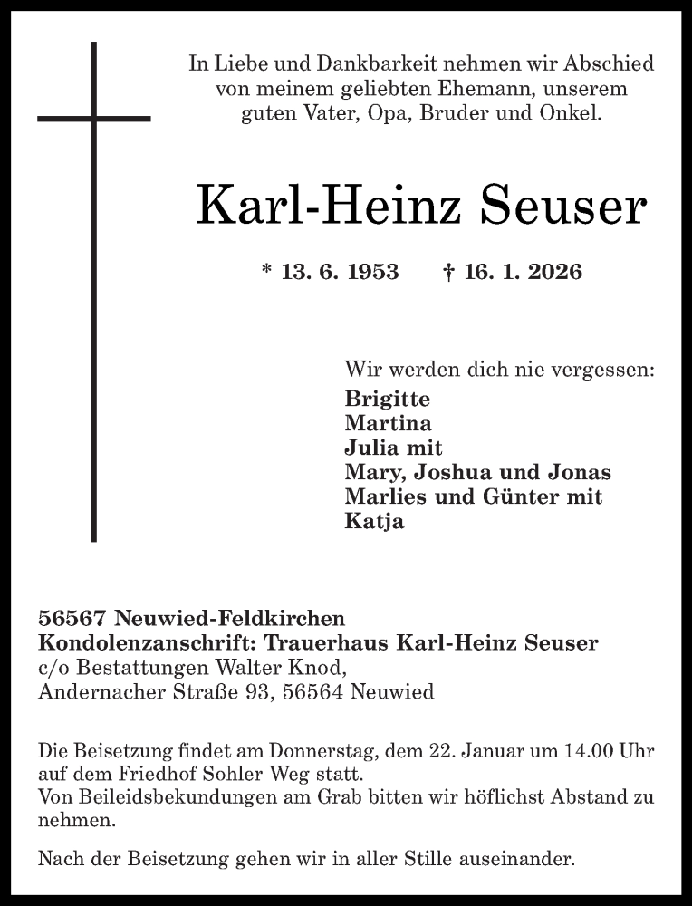  Traueranzeige für Karl-Heinz Seuser vom 21.01.2026 aus Rhein-Zeitung