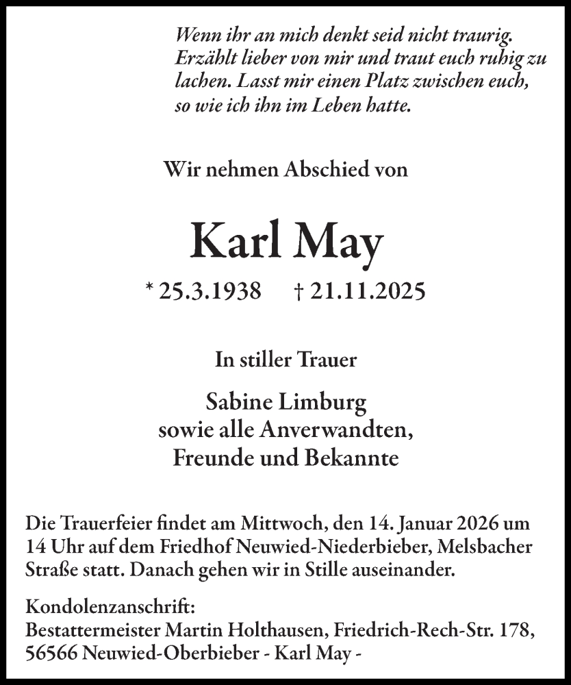  Traueranzeige für Karl May vom 03.01.2026 aus Rhein-Zeitung
