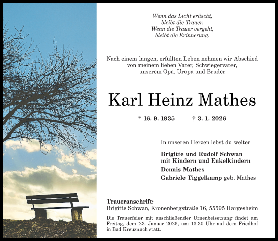 Traueranzeige von Karl Heinz Mathes von Oeffentlicher Anzeiger