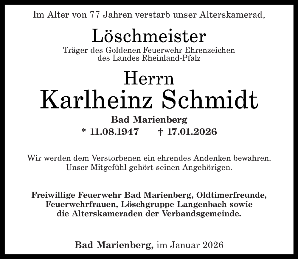  Traueranzeige für Karlheinz Schmidt vom 24.01.2026 aus Westerwälder Zeitung