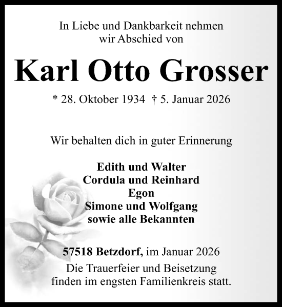 Traueranzeige von Karl Otto Grosser von Rhein-Zeitung