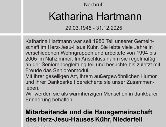 Traueranzeige von Katharina Hartmann von Rhein-Zeitung