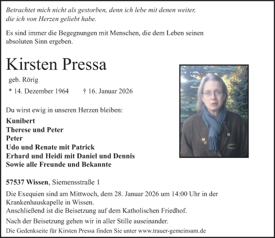Traueranzeige von Kirsten Pressa von Rhein-Zeitung