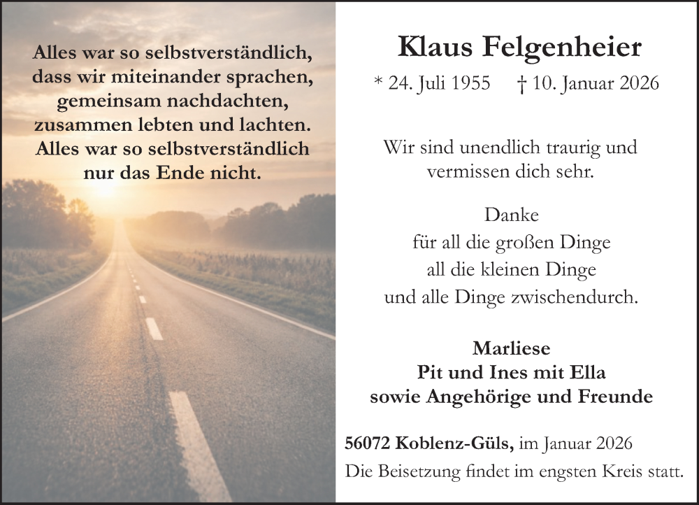  Traueranzeige für Klaus Felgenheier vom 17.01.2026 aus Rhein-Zeitung