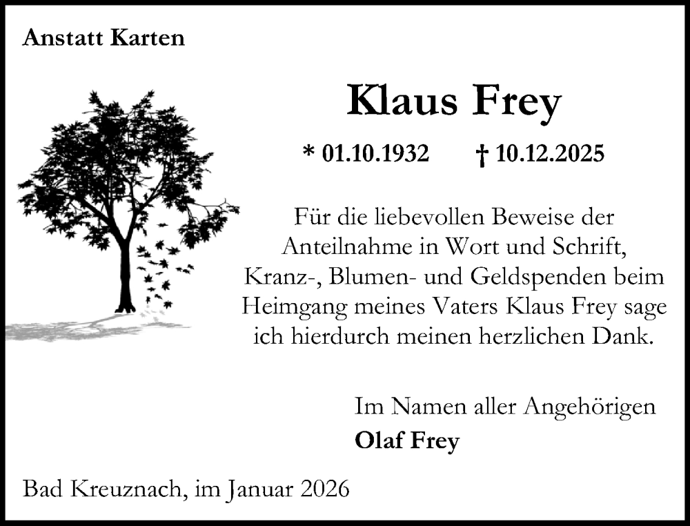  Traueranzeige für Klaus Frey vom 24.01.2026 aus Oeffentlicher Anzeiger